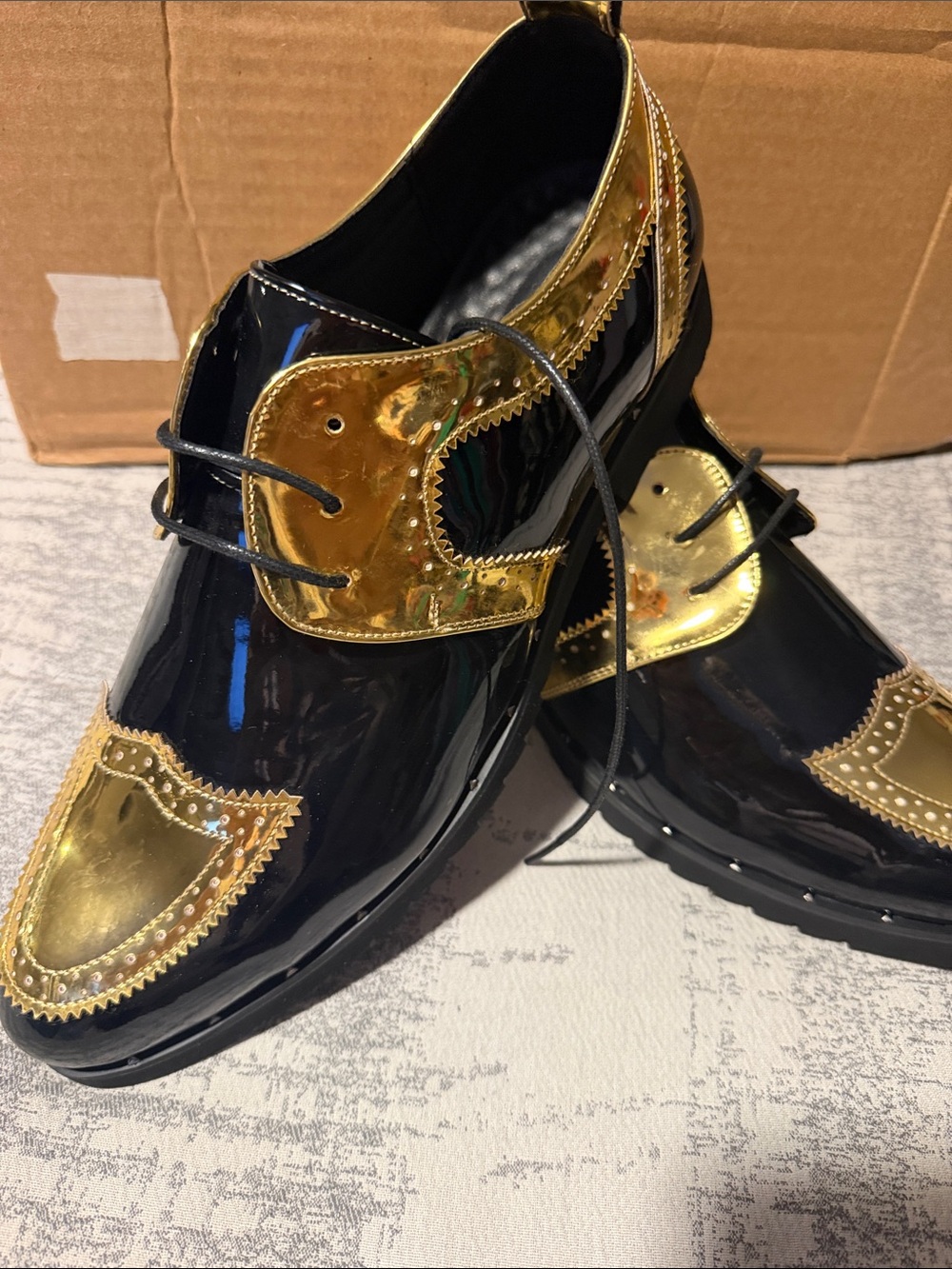 Black and Gold Patent Wingtip Oxfords - men